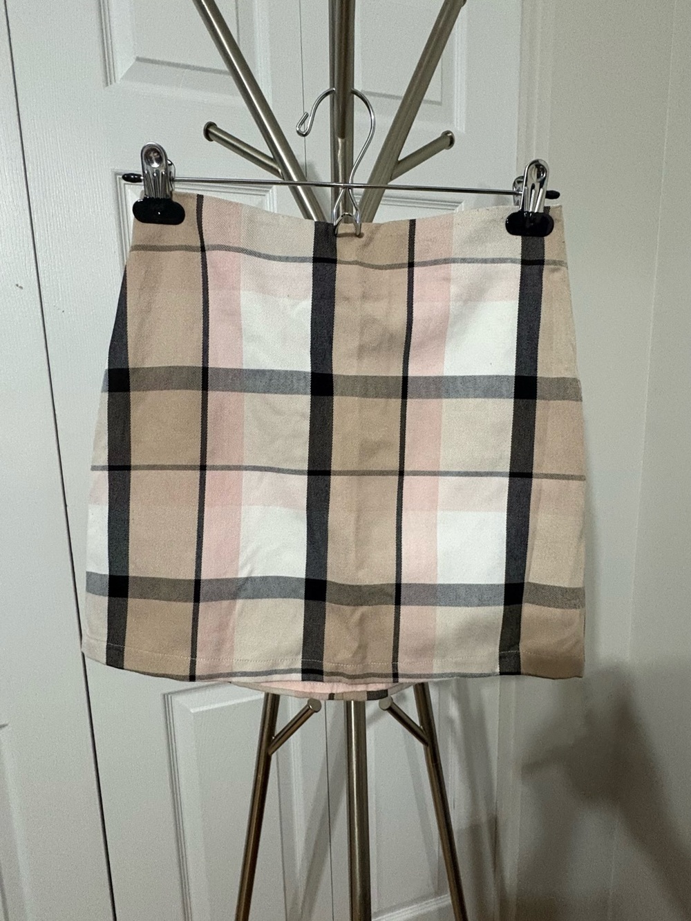 Forever 21 Beige, Pink and Black Plaid Mini Skirt
